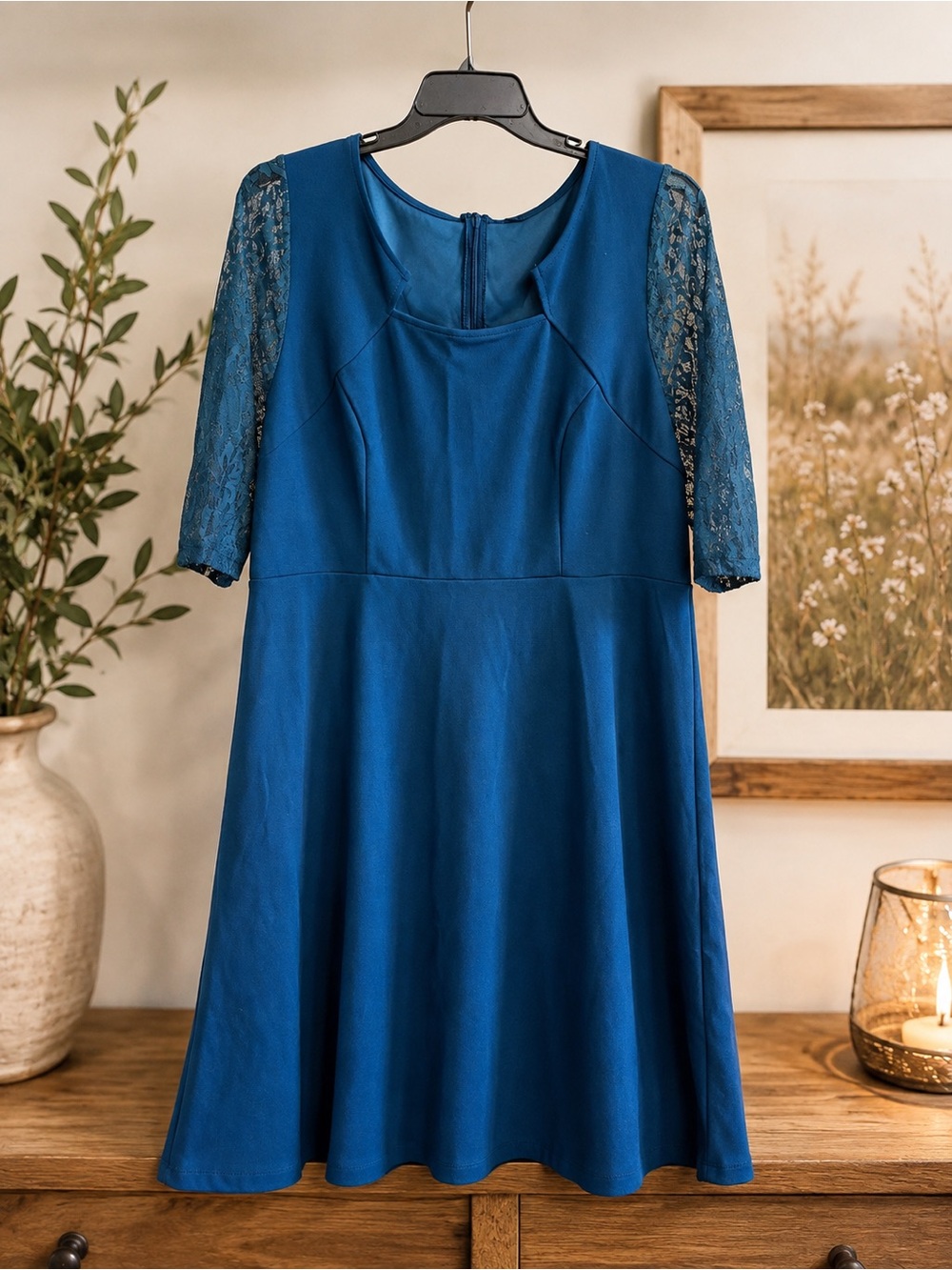 SHEIN Curve 4XL Teal Blue Lace Sleeve Fit & Flare Dress